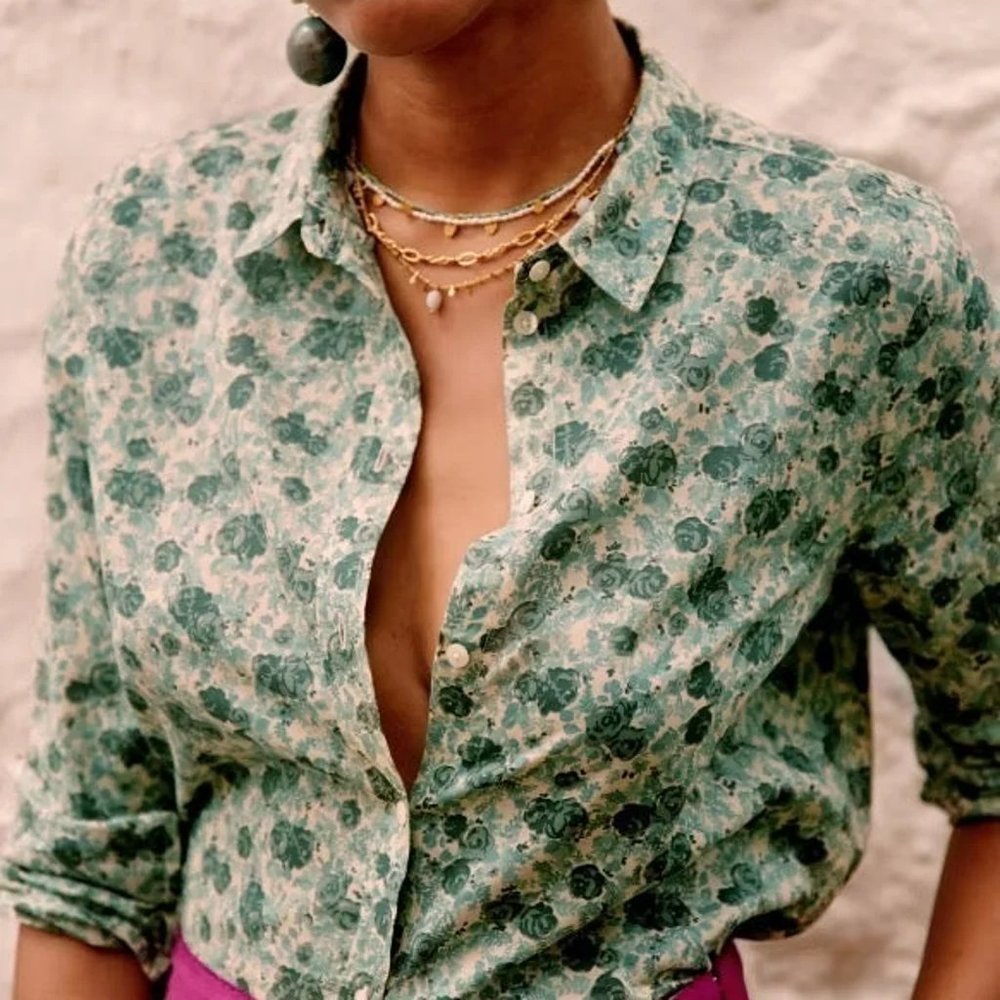 [SOLD] NWOT Sézane PIERRO Shirt, Green Peony Sz US4/FR 36